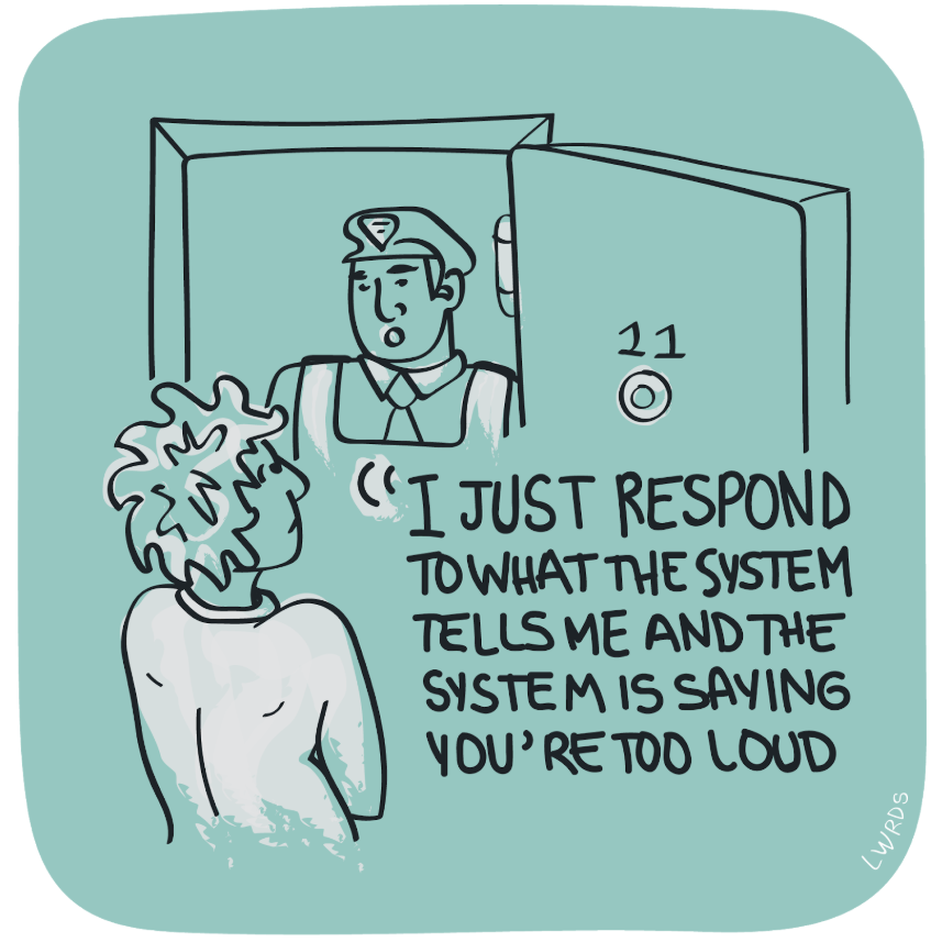 An illustration of a resident answering their front door, with a person in an authoratative uniform on the
other side.